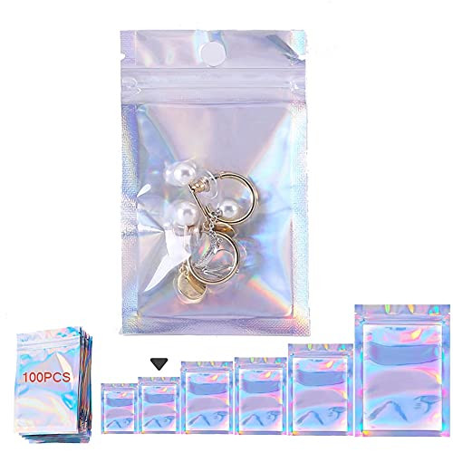 100 Pieces Resealable Smell Proof Bags Foil Ziplock Bags, Flat Clear Ziplock Food Storage Bags Pouch Aluminum Foil Bags Plastic Packaging Foil Bags, Holographic Rainbow Color -3X4.7inch-