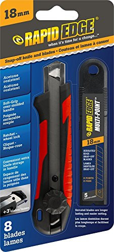 Rapid Tools 18mm Snap-Off Utility Knife with 8 Blade Edge Serrated Razor Knife Blades and Acetone-Resistant Soft Grip Handle -1 Pack-