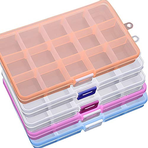 STONCEL Bead Plastic Organizer Container Storage Box, 5PCS Plastic Jewelry Box Organizer, with Movable Divider Removable Adjustable Compartment Grid -Medium 15 grids-