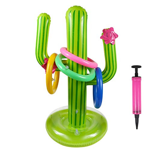 UNIME Inflatable Cactus Ring Toss Game Set Target Toss Floating Swimming Ring Toss Includes Inflatable Cactus,4 Color Rings for Fiesta Party Accessories Hawaiian Pool Beach Party Decoration Supplies