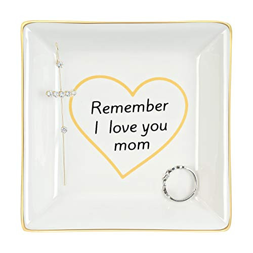 Gifts for Mom Ceramic Ring Dish Jewelry Holder Tray - Remember I Love You Mom Decorative Trinket dish Unique Gift for Birthday Christmas Thanksgiving Mother's Day