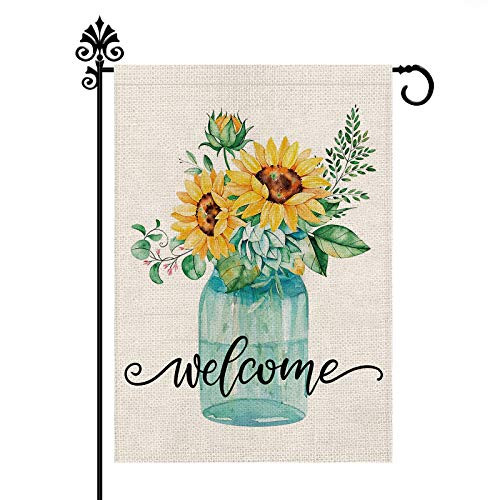 Welcome Garden Flag Summer Sunflower Vase Burlap Double Sided Vertical Yard Decor Farmhouse Holiday Outdoor Decorations 12.5 x 18 Inch