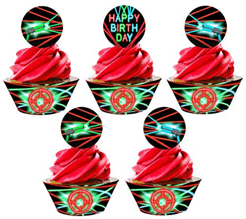 Laser Tag Cupcake Toppers and Wrappers - 24 Cupcake Toppers and 24 Cupcake Wrappers - Laser Tag Party Supplies - Laser Tag Party Decorations - Cupcake