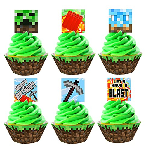 Pixel Miner Cupcake Toppers and Wrappers - 24 Cupcake Toppers and 24 Cupcake Wrappers - Pixel Party Supplies - Pixel Party Decorations - Miner Party Decorations - Cupcake 2