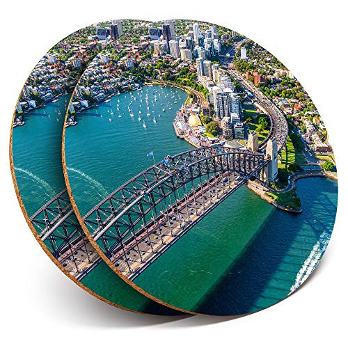 Great Coasters -Set of 2- Round with - Sydney Harbour Bridge Australia Drink Glossy Coasters/Tabletop Protection for Any Table Type -16291