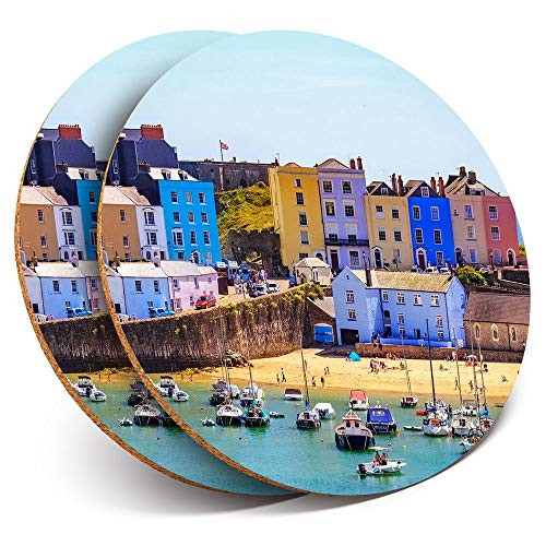 Great Coasters -Set of 2- Round with - Tenby Harbour Wales UK Travel Boats Drink Glossy Coasters/Tabletop Protection for Any Table Type -24293