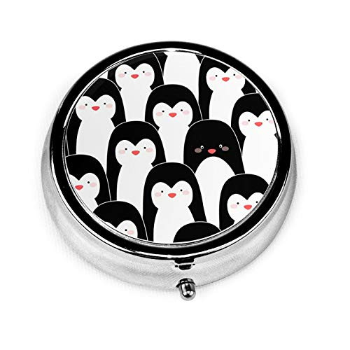 Cute Penguin Pill Box Personalized Design New Silver Round Pill Box Decorative Metal Medicine Vitamin Organizer Unique Gift for Pocket Purse and Travel