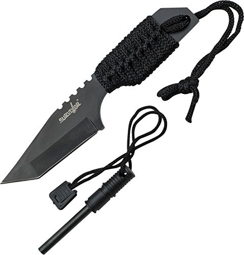 Survivor HK-106320B Fixed Blade Outdoor Knife, Black Tanto Blade, Black Cord-Wrapped Handle, 7-Inch Overall