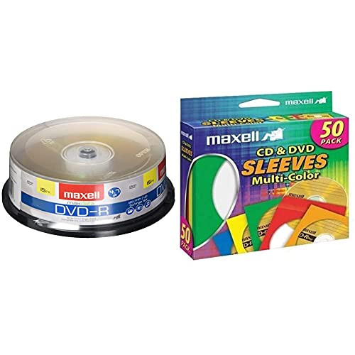 Maxell 638006 DVD-R 4.7 Gb Spindle with 2 Hour Recording Time  and  Maxell 190134 CD  and  DVD Paper Storage Envelope Sleeves with Clear Plastic Windows Multi-Color 50 Pack -Paper-