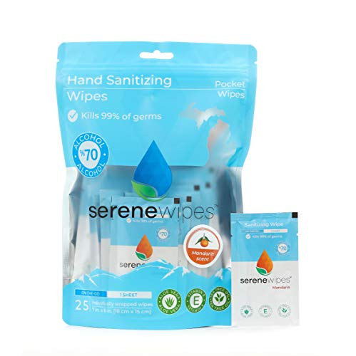 Serene Wipes - 25 Individually Packaged Hand Sanitizer Wipes Travel Size - Alcohol Wipes Made with Tea Tree Oil and Aloe Vera - Mandarin Scent