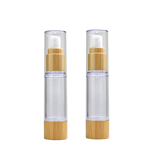 2PCS 50ml/1.7oz Empty Bamboo Airless Vaccum Emulsion Bottles Pump Press Lotion Bottles Travel Container Sample Packing Storage Pot Jar Vials for Emulsion Essential Oil Massage Oil