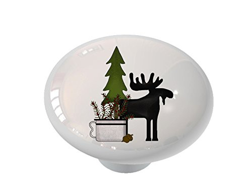 Moose Silhouette with Pine and Berries Ceramic Drawer Knob