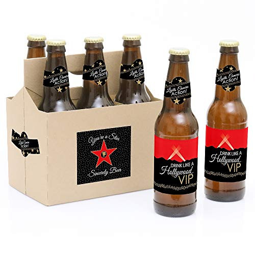 Red Carpet Hollywood - Movie Night Party Decorations for Women and Men - 6 Beer Bottle Label Stickers and 1 Carrier