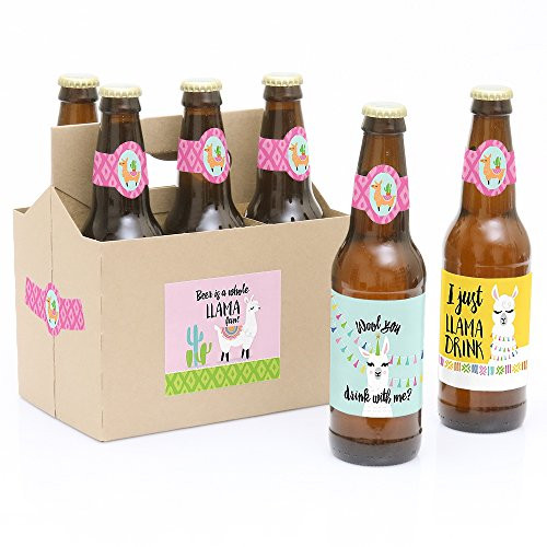 Whole Llama Fun - Llama Fiesta Baby Shower or Birthday Party Decorations for Women and Men - 6 Beer Bottle Label Stickers and 1 Carrier