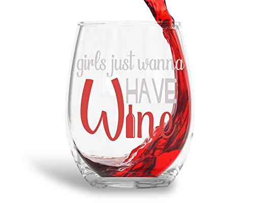 Girls Just Wanna Have Wine Funny 15oz Crystal Stemless Wine Glass - Fun Wine Glasses with Sayings Gifts For Women, Her, Mom on Mother's Day Or Christmas