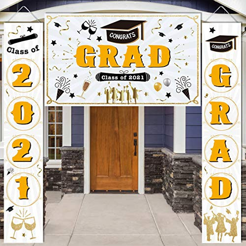 Graduation Decorations 2021-Graduation Banner Backdrop 2021 Set with Congrats Grad  and  Class of 2021-Graduation Yard Sign for Indoor Outdoor-White-