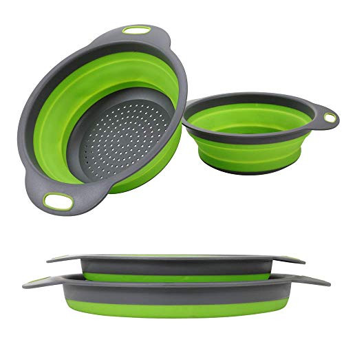 LEARJA Collapsible Colander, 2 Collapsible Set, Food-Grade Silicone kitchen Strainer Space-Saver Folding Strainer Colander, Sizes 8 inches - 2 Quart, and 9.5 inches - 3 quart,2 hooks-Green-