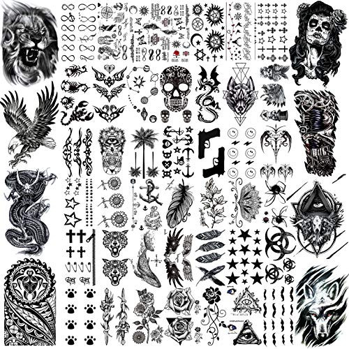 VANTATY 50 Sheets Black Temporary Tattoos For Men Adults Ealge Dragon Lion Wolf Animals, Fake Small Temporary Tattoos For Women Neck Arm Thigh, Skull Tattoo Sticker For Kids Children Boys Girls Tatoos