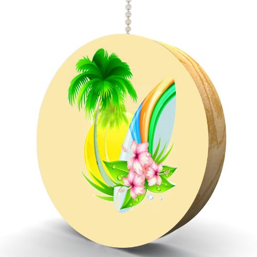 Surfboard Palm Tree and Hibiscus Hardwood Oak Fan/Light Pull