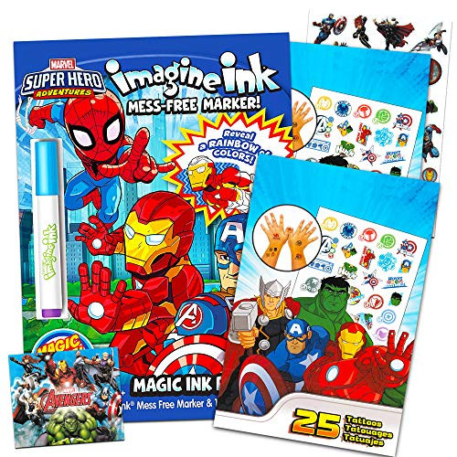 Marvel Super Hero Adventures Imagine Ink Coloring Book Activity Set ~ No Mess Magic Ink Activity Book with Avengers Stickers and Temporary Tattoos -Superhero Coloring Books-