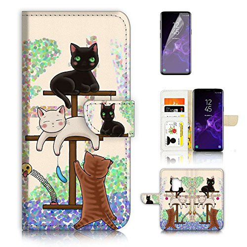 ( For Samsung S9+ / Galaxy S9 Plus ) Flip Wallet Case Cover & Screen Protector Bundle - A1944 Cartoon Cat