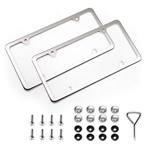 XCLPF 2 Pcs 4 Holes Stainless Steel Silver License Plate Frame,Car Licenses Plate Covers Holders Frames for Plates with Screw Caps.