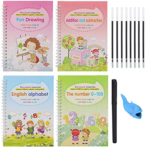 4 In 1 Magic English Copybook Set, 4 PCS Reusable Writing Practice Calligraphy Book Alphabet Drawing Number Math Learning Handwriting Workbook with Pen for Kids