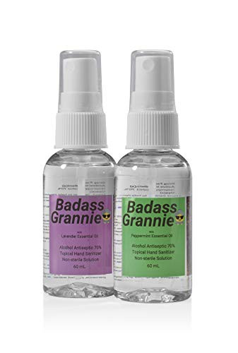 SPRAY HAND SANITIZER ULTRA MOISTURIZING PURE ESSENTIAL OILS LAVENDER PEPPERMINT 70 percent Alcohol Kills 99.9 percent of Germs. Soothing Cleansing. Natural. BADASS GRANNIE. Travel Size, 2 Pack-2oz Bottles.