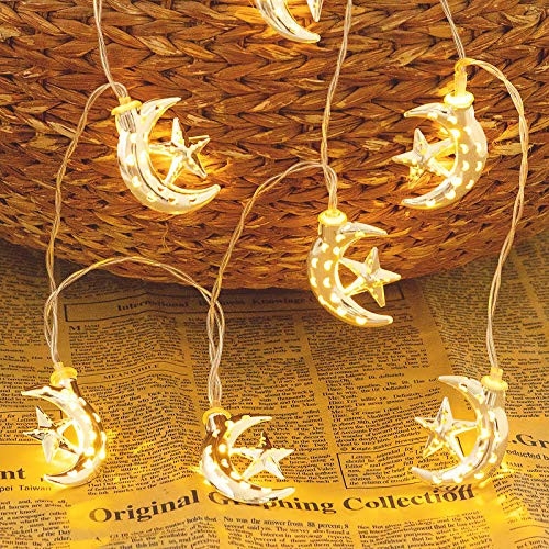 1.5M Muslim Ramadan String Light, Moon Star Shaped Eid Mubarak Party Decorations LED Festival Light Window Curtain String Lights Decor, Ramadan Lamp for Festival Silver