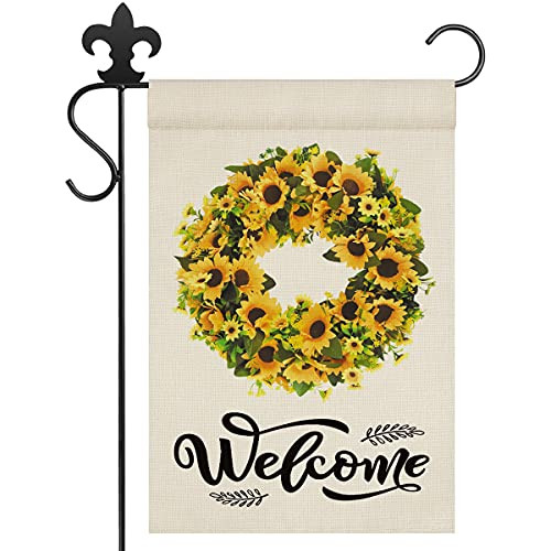 NERUXI Garden Flags Sunflower Wreath Welcome Garden Flag, Vertical Double-Sided Burlap Garden Flags, Rustic Farmhouse Yard Flags, Spring Summer Seasonal Yard Outdoor Decoration 12*18 Inch NERUXI Garden Flags Sunflower Wreath Welcome Garden Flag, Vertical Double-Sided Burlap Garden Flags, Rustic Farmhouse Yard Flags, Spring Summer Seasonal Yard Outdoor Decoration 12*18 Inch