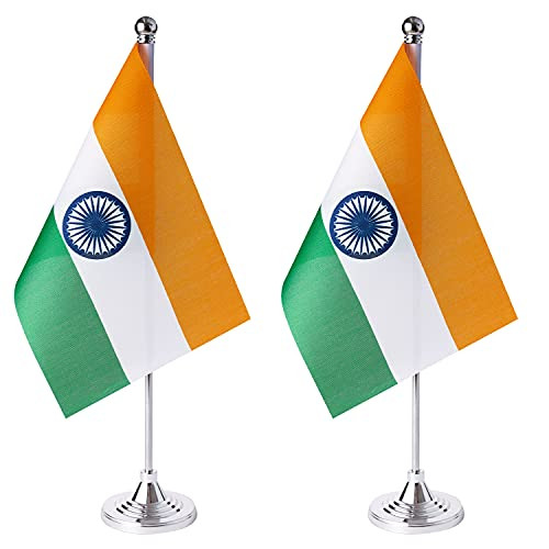 ZXvZYT 2 Pack India flag Indian Table Flag Small Mini Indian Desk Flags With Stand Base,International Festival Events Celebration Decorate,Home office Decorations
