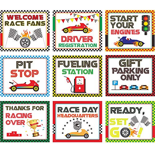 Blulu Racing Car Party Decorations, 10 - 11.8 Inch Laminated Racing Signs, Racing Themed Party Signs, Racing Cutouts with 40 Glue Point Dots (9 Pieces Racing Signs)