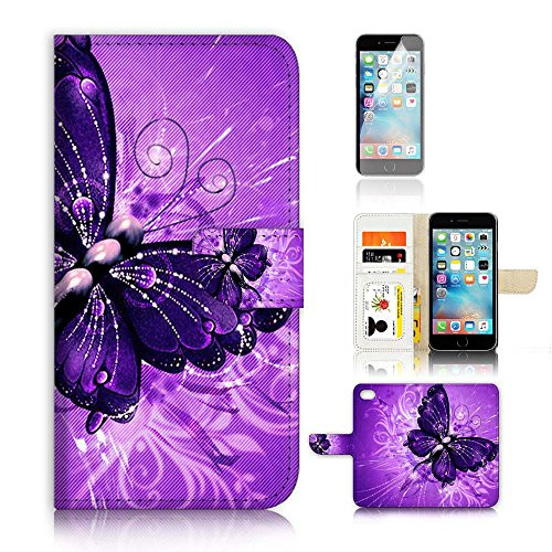 ( For iPhone 7 ) Flip Wallet Case Cover and Screen Protector Bundle A8184 Purple Butterfly