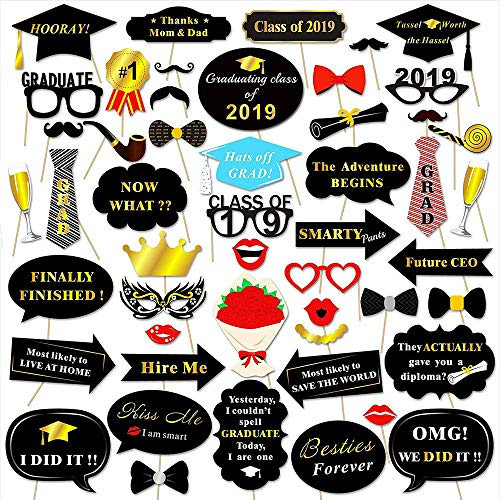 2019 Graduation Photo Booth Props - 2019 Graduation Decorations for Graduation Party Supplies 2019, Class of 2019, Congrats Grad, Large Size for More Fun, 53 Count