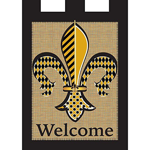 Diamond Black Gold Fleur de Lis Burlap 18 x 13 Rectangular Tab Top Small Garden Flag