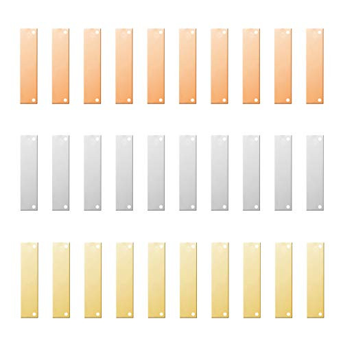 YHYPOCI 30 Pcs Rectangle Stamping Blank Bar Pendants Metal Blanks Gold Plated Brass Blank Stamping Tags Hole for Necklace Bracelet Earring Jewelry Making,35x6mm -Gold,Silver and Rose Gold-