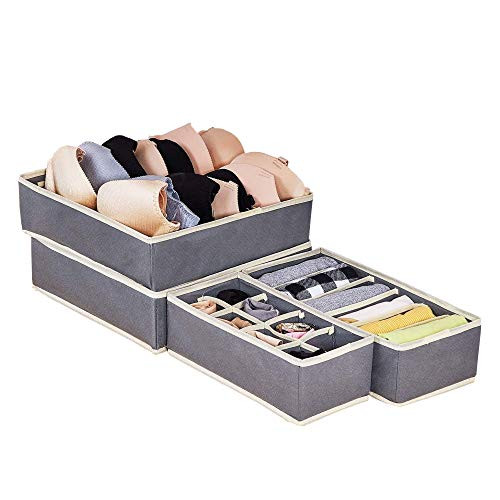 Underwear Drawer Organiser, Set of 4 Wardrobe Organisers, Grey Foldable Storage Box, for Bras, Underwear, Socks, Ties and Scarves