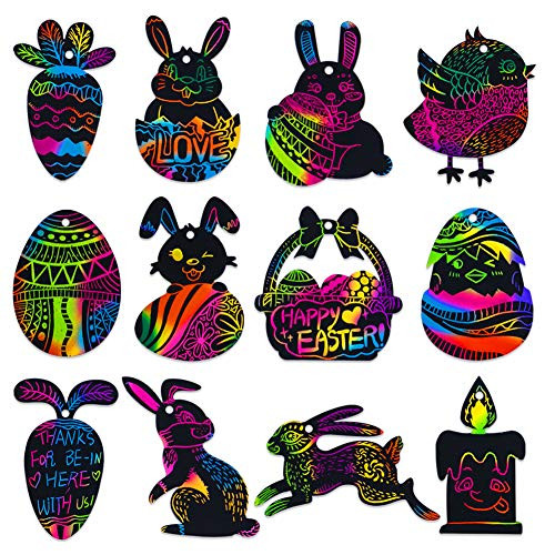 WaaHome 24pcs Easter Scratch Art Paper Crafts for Kids, Easter Egg Bunny Chick Rainbow Scratch Art for Kids School Classroom DIY Crafts Party Game Favors Decorations