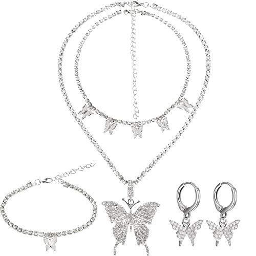 Big Butterfly Pendant Necklace Rhinestone Chain Shiny Crystal Choker Pendant Collar Necklace and Butterfly Bracelet Butterfly Earrings Jewelry for Women Girl -Silver- Big Butterfly Pendant Necklace Rhinestone Chain Shiny Crystal Choker Pendant Collar Necklace and Butterfly Bracelet Butterfly Earrings Jewelry for Women Girl -Silver-