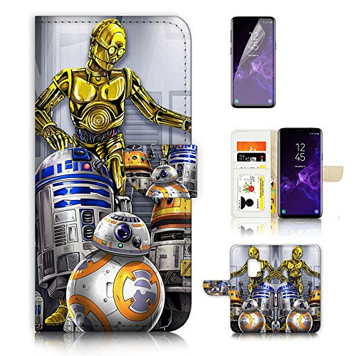 (For Samsung S9+/Galaxy S9 Plus) Flip Wallet Style Case Cover, Shock Protection Design with Screen Protector - B31047 Starwars R2D2 BB8 C-3PO