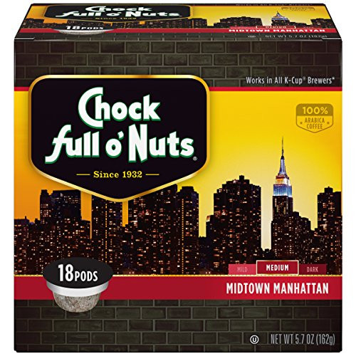 Chock Full oNuts Single-Serve Coffee Pods, Midtown Manhattan Medium Roast - Premium Arabica Coffee - Compatible with Keurig K-Cup Brewers (18 Count)