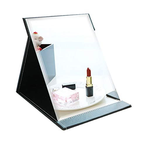 Portable Desktop Folding Mirror, Pu Leather Folding Desk Mirror, Tabletop Mirror with Stand for Cosmetics Personal Beauty, Makeup Mirror -Black-