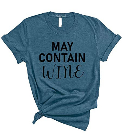 NuffSaid May Contain Wine Funny Drinking T-Shirt - Unisex Cute Casual Alcohol Graphic Tee -Small, Heather Deep Teal - Black Ink-