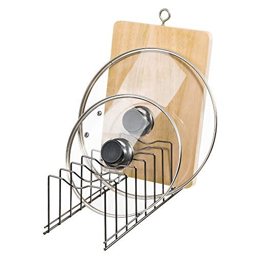 Slideep Kitchen Pan and Pot Lid Organizer Rack for Pot Lids, Plates, Cutting Boards, Bakeware, Cooling Rack, Serving Trays, Total 8 Compartments, Nickel
