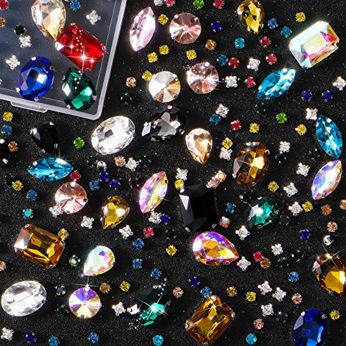 156 Pieces Clear Sew On Glass Rhinestones Metal Prong Setting Flatback Rhinestones Sewing Claw Crystals Rhinestones Mixed Shapes for Craft, Clothes, Shoes, Dress, Jewelry Making -Mixed Color-