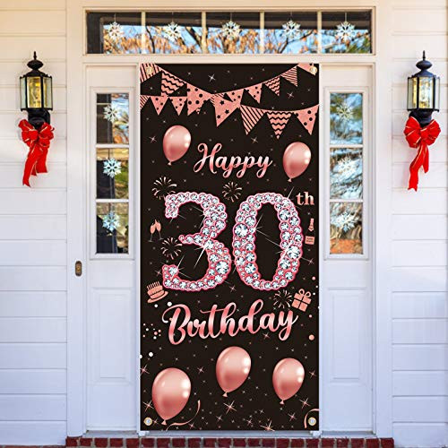 Lnlofen 30th Birthday Banner Decorations Door Cover, Rose Gold 30 Year Old Birthday Party Backdrop Supplies for Her Women, Happy Thirty Birthday Poster Sign Decor-Rose Gold-