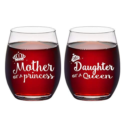 Mother of A Princess Daughter of A Queen Stemless Wine Glasses, 15 Oz Funny Mom and Daughter Gift for Her Mom Mother Wife Friend Daughter, Gift Idea for Mothers Day Christmas Birthday, Set of 2 Mother of A Princess Daughter of A Queen Stemless Wine Glasses, 15 Oz Funny Mom and Daughter Gift for Her Mom Mother Wife Friend Daughter, Gift Idea for Mothers Day Christmas Birthday, Set of 2