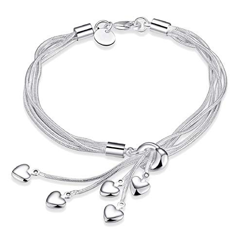 Harlorki Women Lady's 925 Silver Plated Love Heart Pendent Charm Wrist Chain Bracelet Bangle Fashion Jewelry