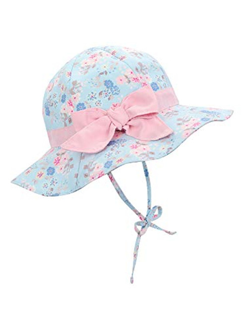 Baby Girl Sun Hat Wide Brim Sun Protection Hat Toddler UPF 50 plus Outdoor Beach Bucket Hats Kids Adjustable Summer Play Hat Blue Flower 12-24 Months