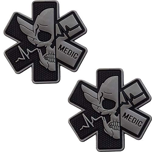 Skull Medic Patch 3D PVC Rubber Paramedic Medical EMS EMT MED First Aid Tactical Morale Badges Appliques Patches, Hook Back Fasteners,2.95 x 2.95 Inch Sized - Bundle 2 Pieces